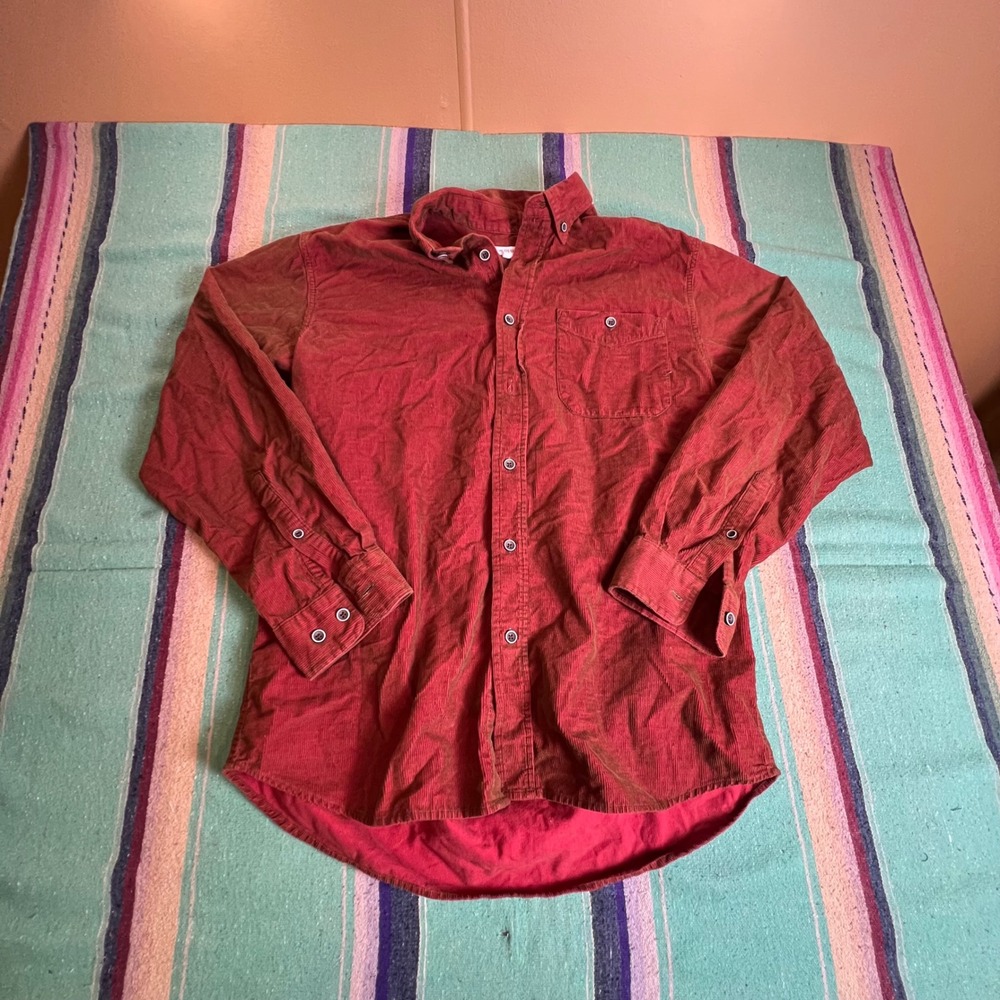 Basic Options Corduroy Shirt Mens Large Red Long Sleeve Button Down Pocket Top